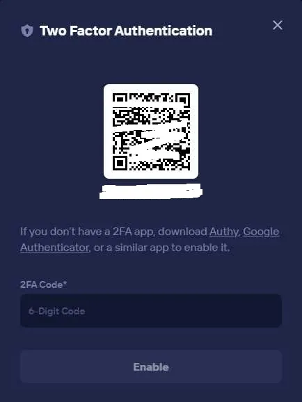 Duel.com Two Factor Authentication setup screen with QR code and Authy/Google Authenticator app instructions