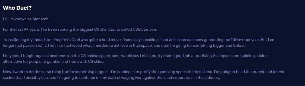 Duel.com's About page: the founder, known online as Monarch, on running CSGOEmpire for 9+ years before launching Duel