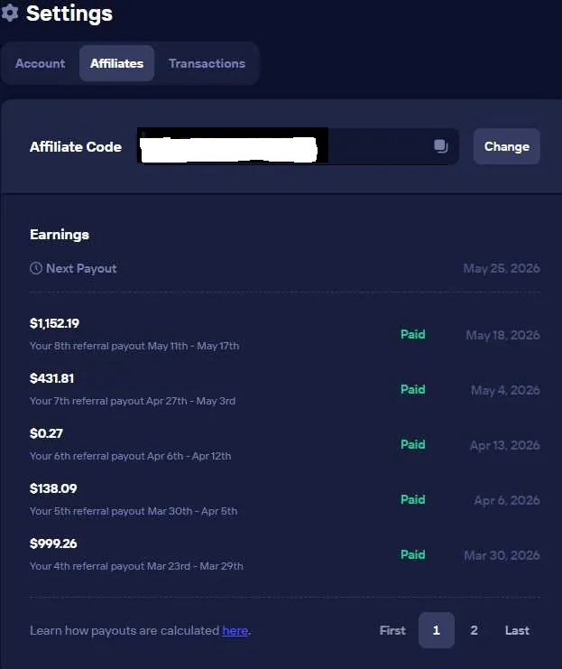 Duel.com affiliate dashboard showing our own referral earnings history with weekly payouts marked Paid