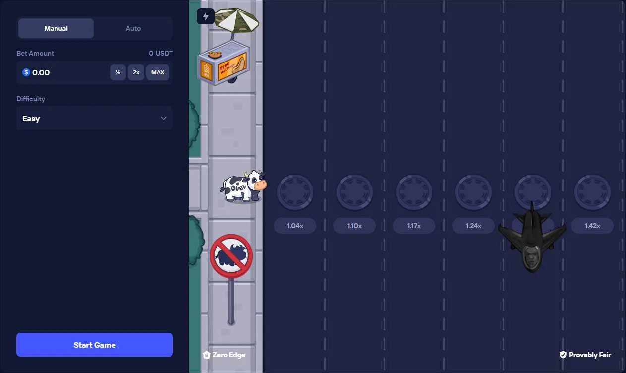 Duel Beef gameplay mid-round, showing the road lane with a cow obstacle and the multiplier ladder ahead