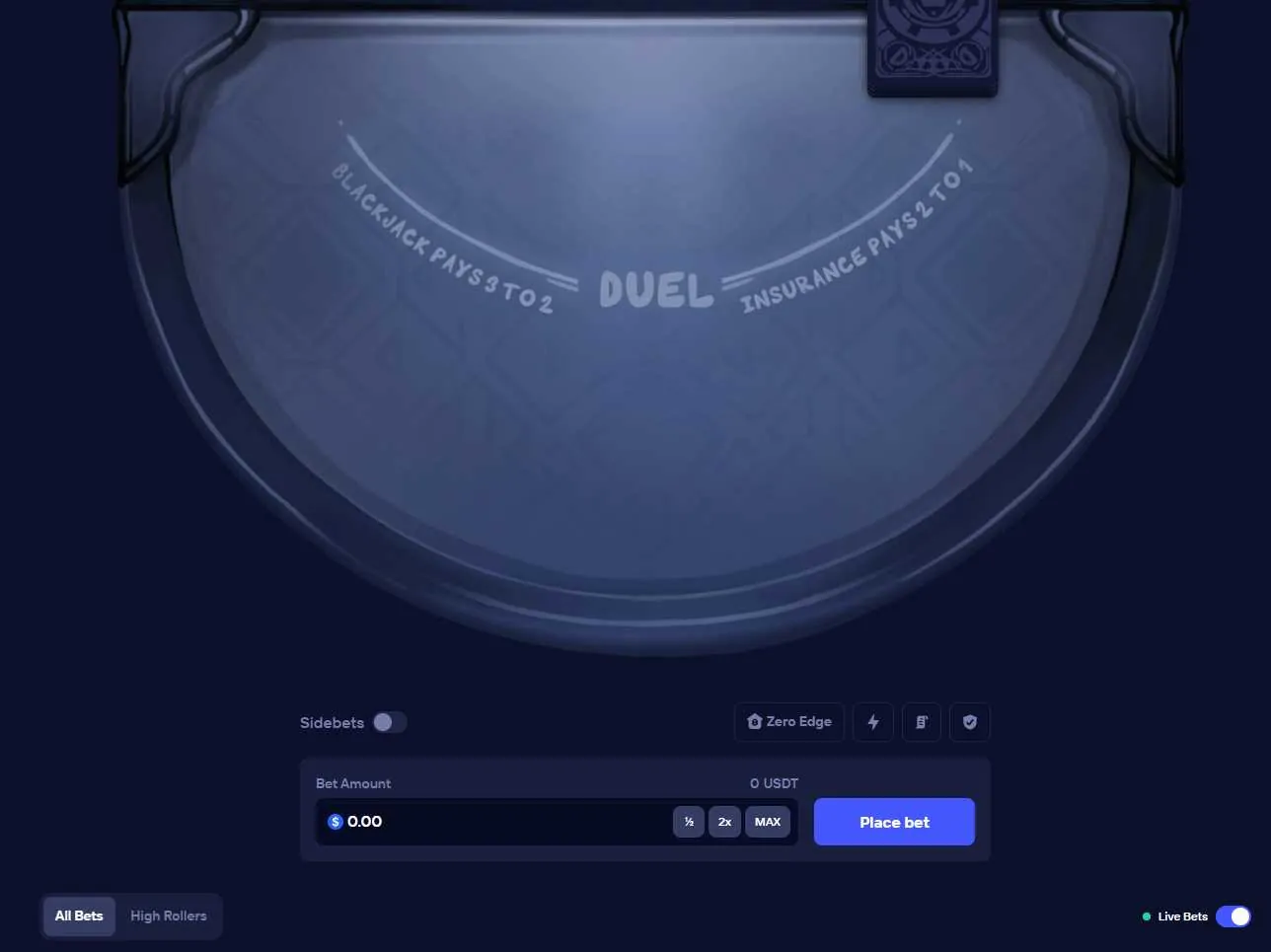 Duel Blackjack original game table with Zero Edge label