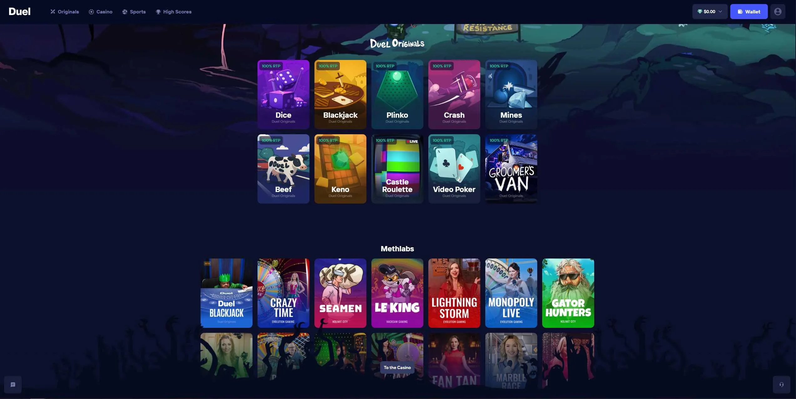 Duel.com homepage showing Duel Originals (Dice, Blackjack, Plinko, Crash, Mines, Beef, Keno, Castle Roulette, Video Poker) and Mehbabe live casino selection