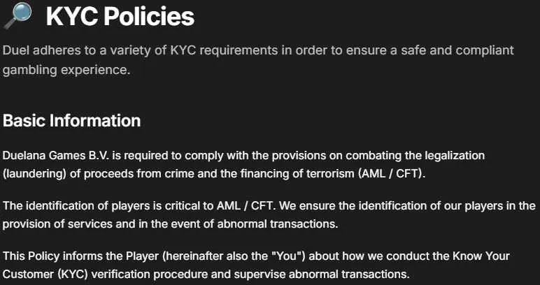 Duel.com KYC policy page from the platform's own help center outlining verification requirements