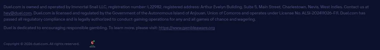 Duel.com footer showing licence ALSI-202411026-FI1 from Anjouan Gaming Authority, operator Immortal Snail LLC