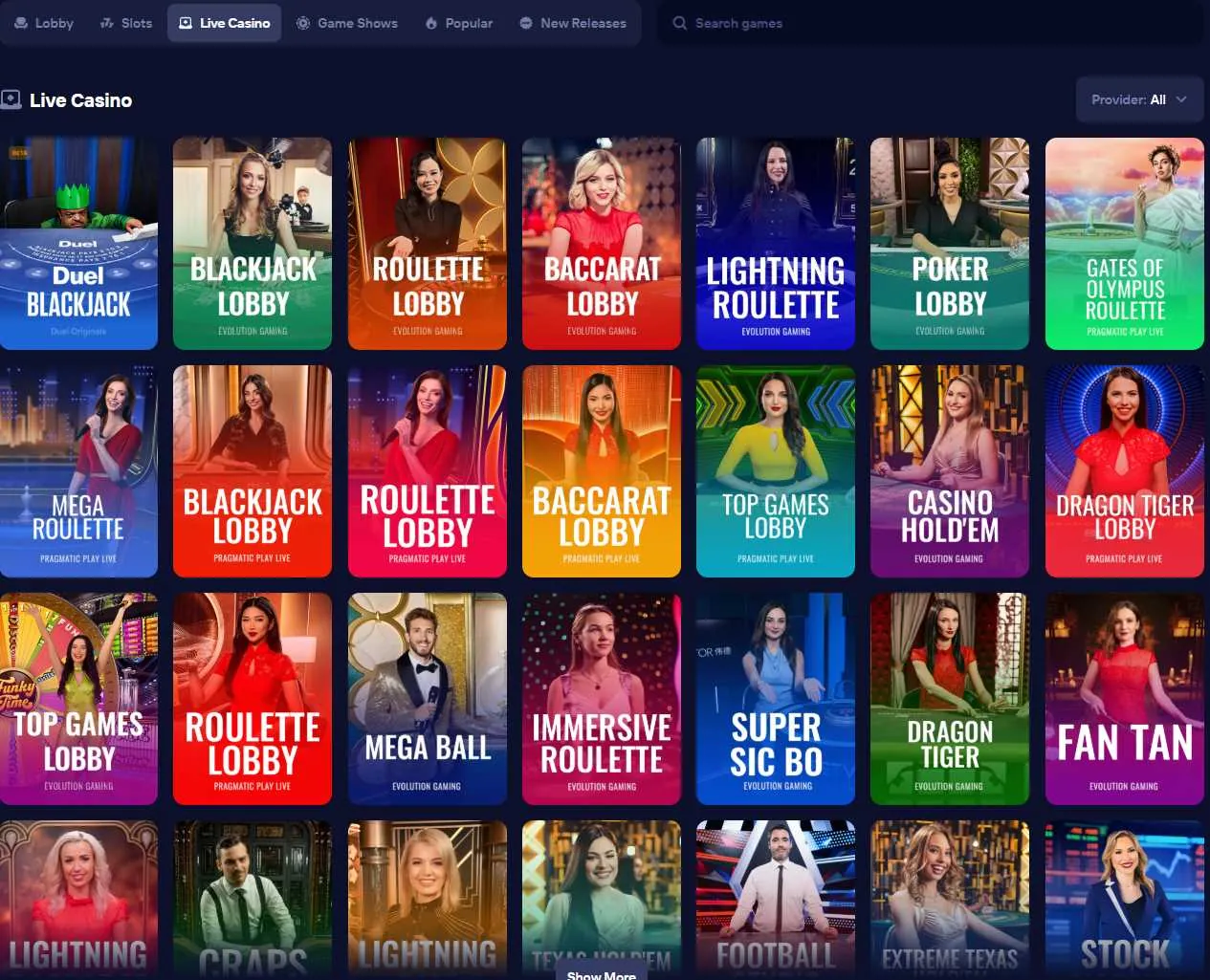 Duel.com live casino lobby showing Evolution and Pragmatic Play Live tables