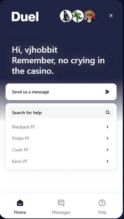 Duel.com's own live chat support widget, the correct channel for account and complaint issues, not this editorial contact form