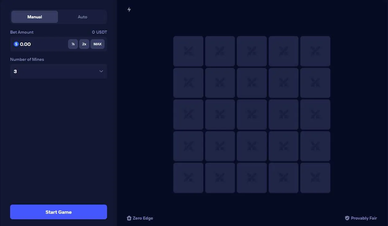 Duel Mines 5x5 grid with 3 mines selected, ready to start a round