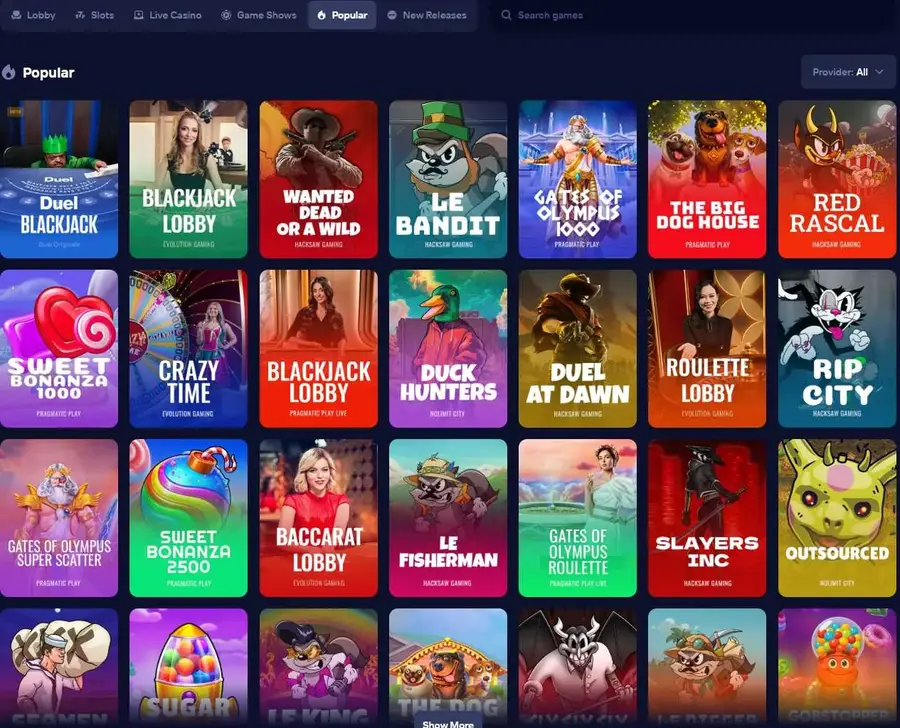Duel.com's Popular tab in the game lobby, mixing slots, live casino tables and Originals in a single tiled view