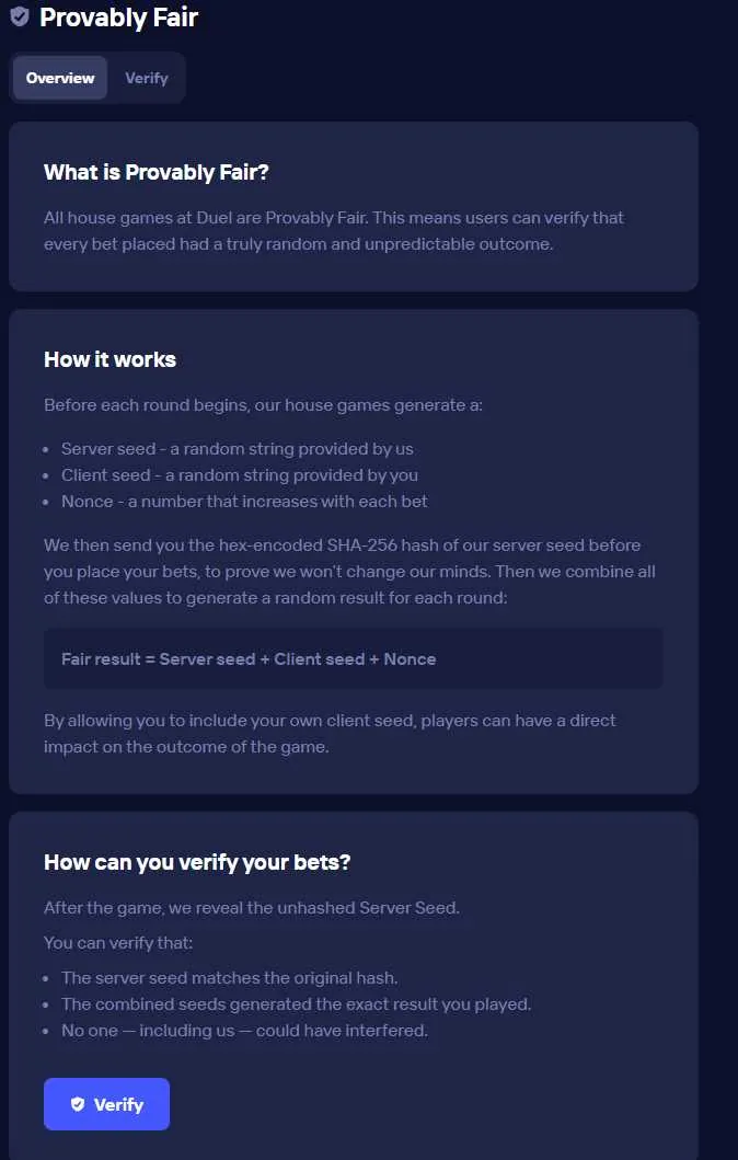 Duel.com Provably Fair UI explaining server seed, client seed, and nonce mechanics with SHA-256 hash verification