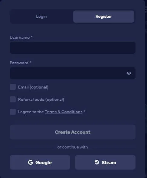 Duel.com registration form with username, password and confirm-password fields, no ID upload required