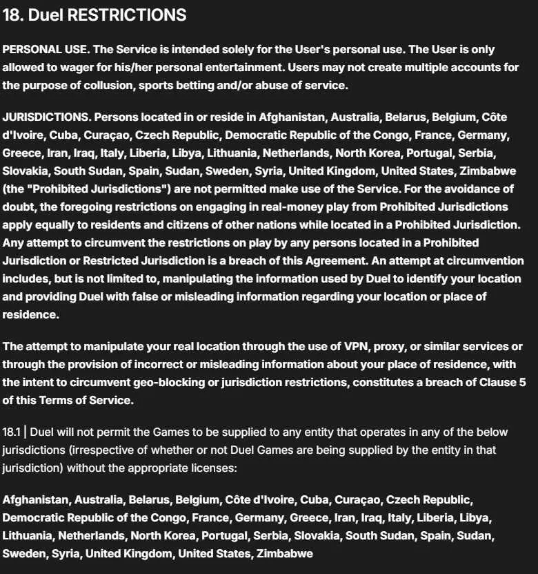 Duel.com Section 18 Restrictions clause listing prohibited jurisdictions including Spain, Germany, Italy, Sweden, United States, United Kingdom
