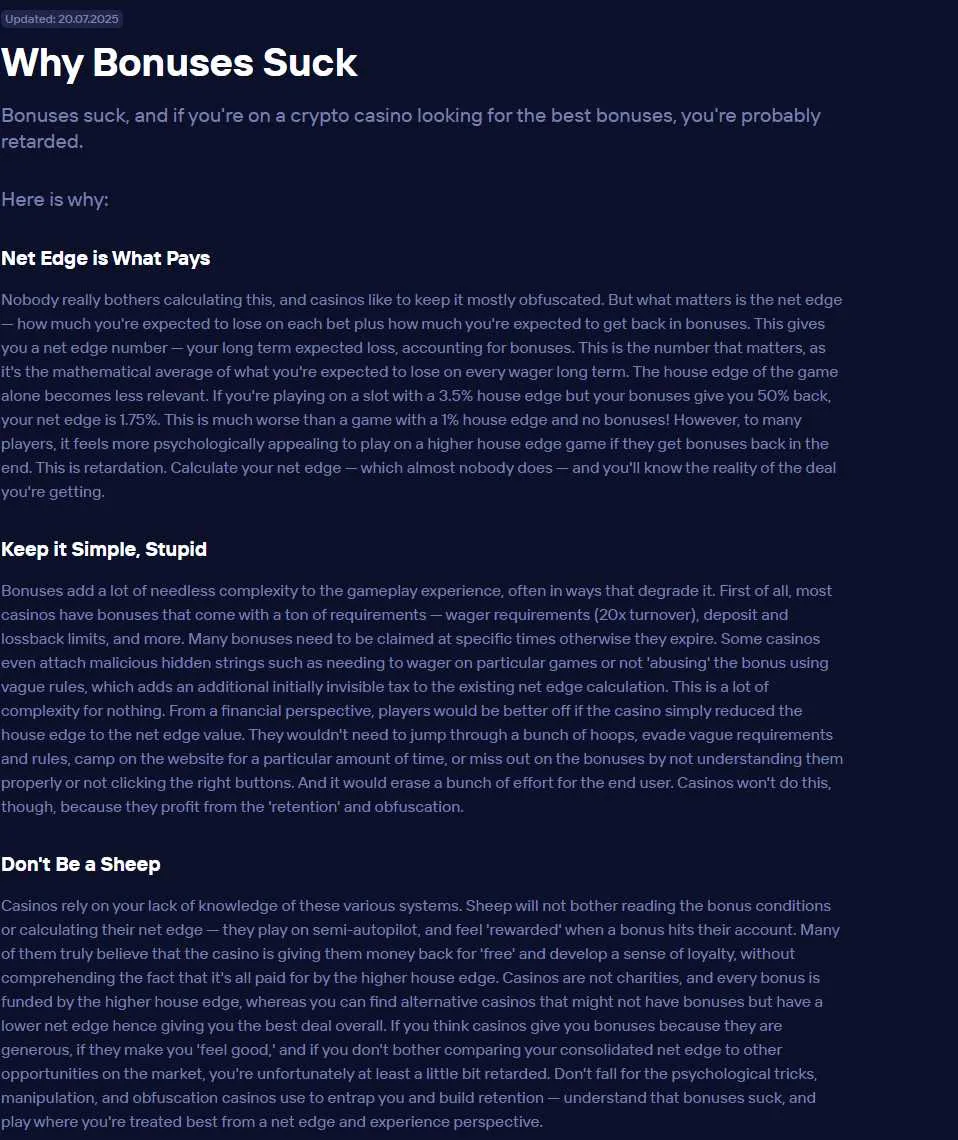 Duel.com Why Bonuses Suck manifesto page (Updated 20.07.2025) explaining net edge math and bonus criticism
