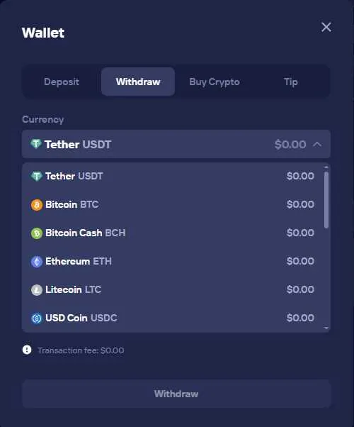 Duel.com Withdraw tab with Tether USDT selected and crypto dropdown