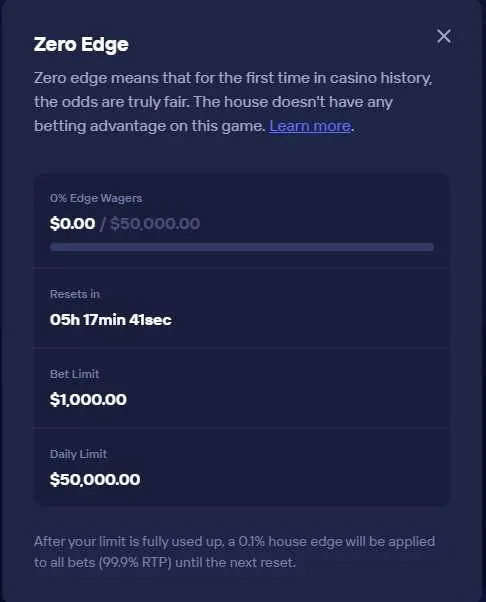 Duel.com Zero Edge banner showing $50,000 daily cap and 99.9% RTP after limit